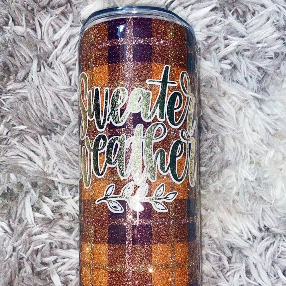 20oz Glitter tumbler/Sweater Weather/Burnt Orange and Wine Plaid/Rose Gold/Gold - Picture 1 of 2